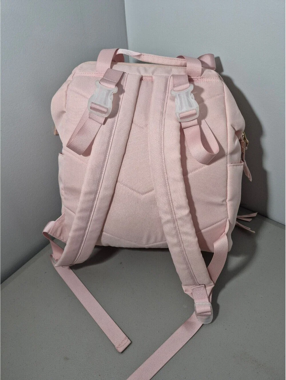 Baby Essentials Pink Diaper Bag Backpack Insulated Bottle Pockets Gold Tone
